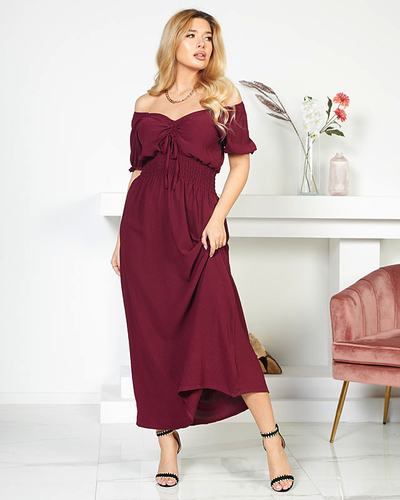 Midi dress with an elastic waist in burgundy color - Clothing