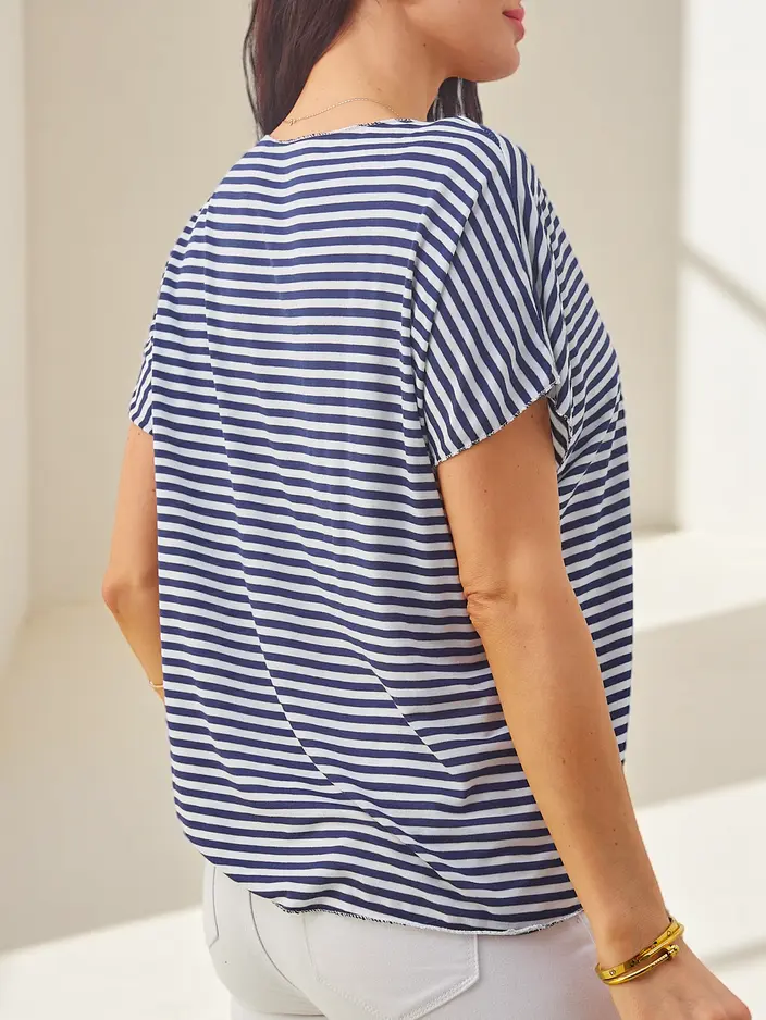 Royalfashion Women's viscose blouse with stripes, short sleeves, and glitter finish