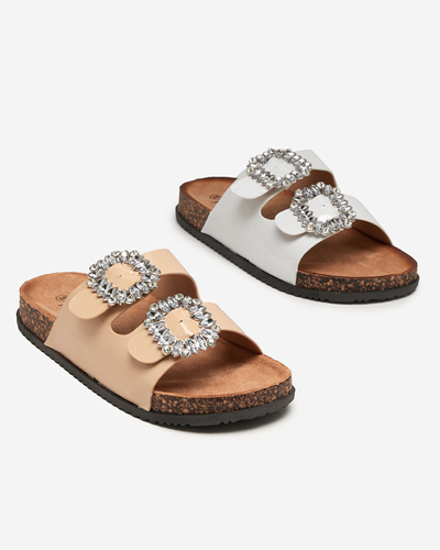 Beige women's slippers with decorated clasps. Olimika - Footwear