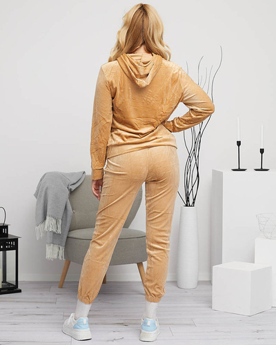 Women's beige sweatshirt set with an inscription and crystals - Clothing