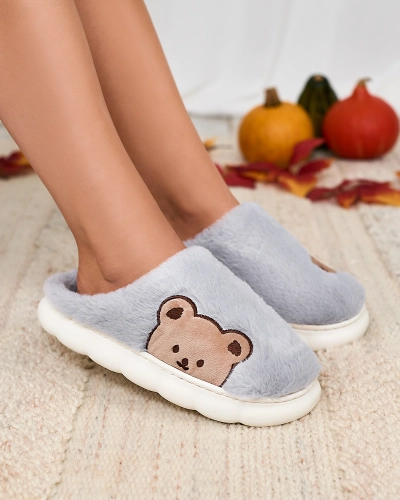 Royalfashion Women's furry slippers with teddy bear in blue Fetemes