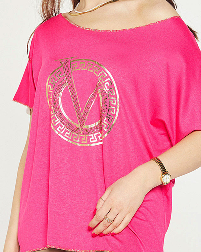 Fuchsia women's blouse with print and cubic zirconia - Clothing