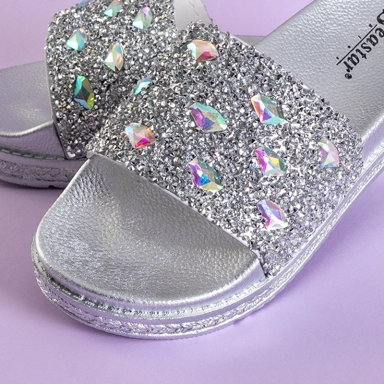 OUTLET Silver women's platform slippers with cubic zirconia Sailor - Footwear
