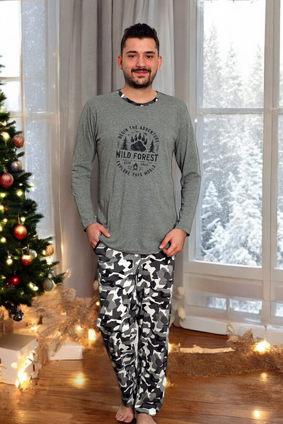 Темно-синяя мужская пижама с брюками в клетку - Одежда