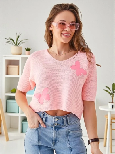 Royalfashion Женский хлопковый короткий свитер с бабочками