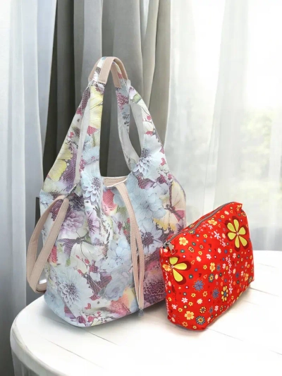 Royalfashion Large fabric bag with flowers with a cosmetic pouch and magnetic closure