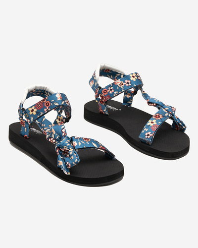 Ladies 'black sandals with blue stripes with Lilien flowers - Footwear