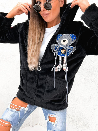 Royalfashion Black fleece with blue decorative teddy bear