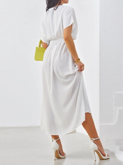 Royalfashion Women's midi dress with short sleeves, V-neck and front slit