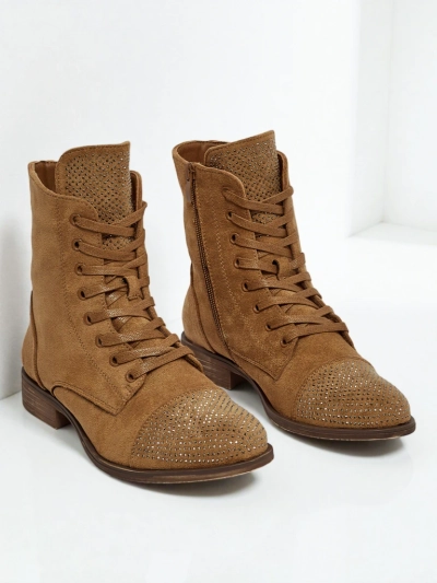 Eco-suede laced women's ankle boots with zircons Marvelli
