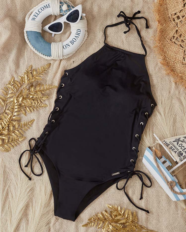 Women's one-piece black swimsuit with decorative sides - Clothing