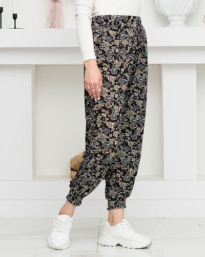Black women's pants with beige print PLUS SIZE - Clothing