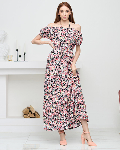 Long summer black dress for women with light pink flowers - Clothing