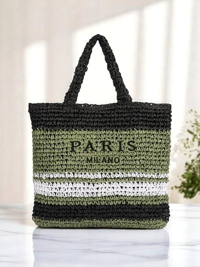 Large Parisian-striped straw women's bag