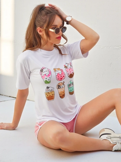 Royalfashion Sieviešu sporta komplekts ar t-kreklu un šortiem Kitty Cat