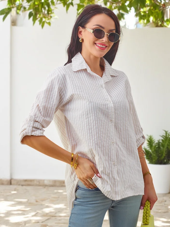 Royalfashion Sieviešu kokvilnas svītraina krekls ar saitīti apakšā