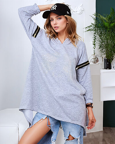 Royalfashion Pelēks sieviešu oversize sporta krekls ar rāvējslēdzējiem