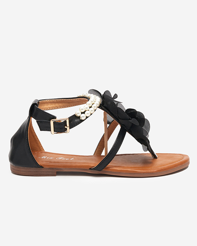 OUTLET Black women's sandals with pearls and fabric flower Amerile - Footwear