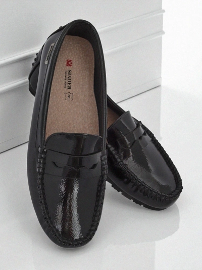Women's Cyra Nero Moccasins made of patent eco-leather, classic Italian style