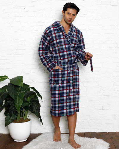 Men's blue checkered hooded robe - Clothing