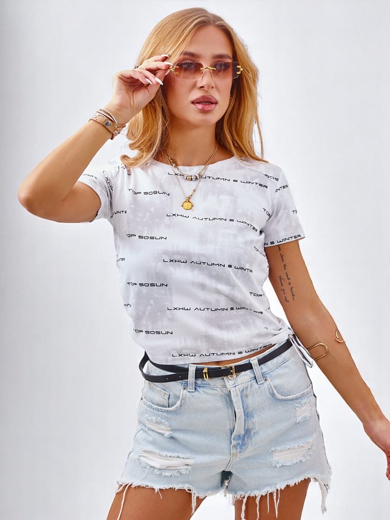 Royalfashion Women's cotton t-shirt with side drawstrings, inscriptions, and glitter