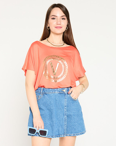 Oranžs sieviešu t-krekls ar zelta apdruku un kubisko cirkoniju - Apģērbs