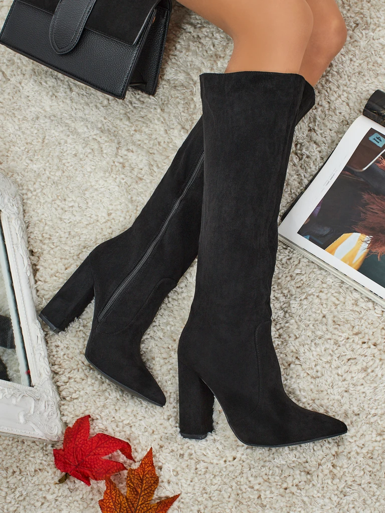 Damen-Öko-Wildleder-Schaftstiefel mit Blockabsatz Feravi