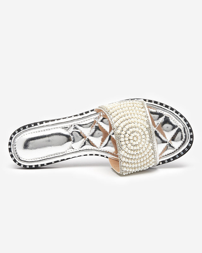 OUTLET Women's silver slippers with Ahaio decorations - Footwear
