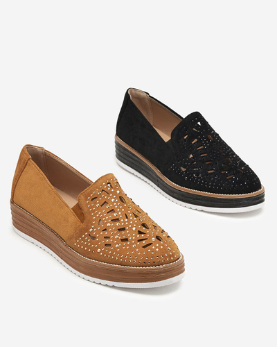 OUTLET Brown women's half shoes with zircons Lamsiou - Footwear