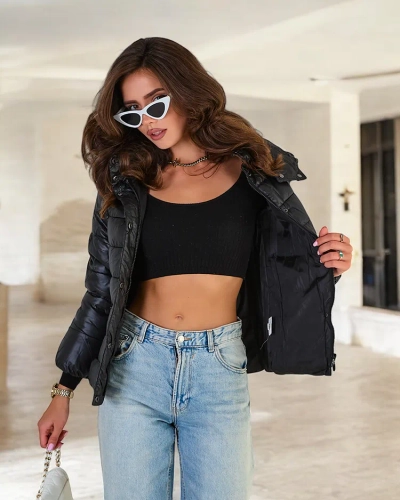 Royalfashion Black women's quilted jacket with hood