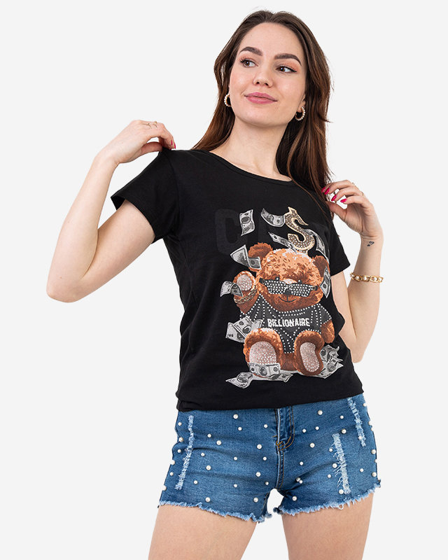 Black women's t-shirt with a teddy bear print - Clothing