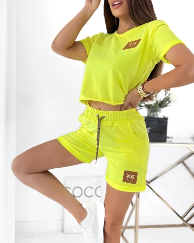 Royalfashion Neon yellow two-piece women's sports set with patches