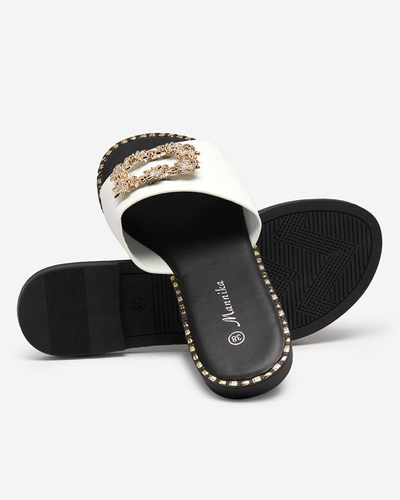 OUTLET Elegant white women's slippers with golden decoration Meriso - Footwear