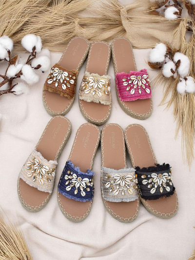 Royalfashion Helena Decor Women's Sandals Black Espadrilles with Shells