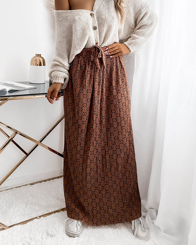 Brown women's pleated patterned maxi skirt - Clothing