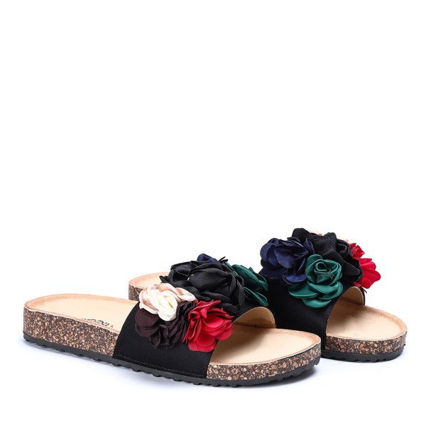 Black flip flops with decorative flowers Vilena - Footwear
