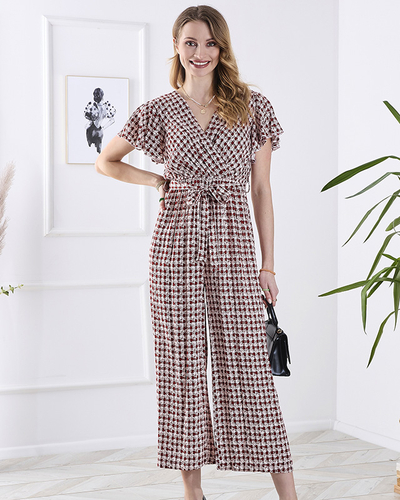 Patterned long women's jumpsuit with binding in red- Clothing