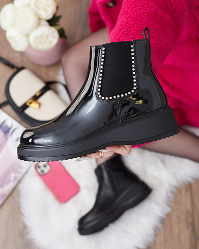 Royalfashion Черные женские сапоги на плоском каблуке с цирконами Winuma