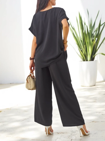 Royalfashion Women's set with short sleeves, decorative flower, and wide pants