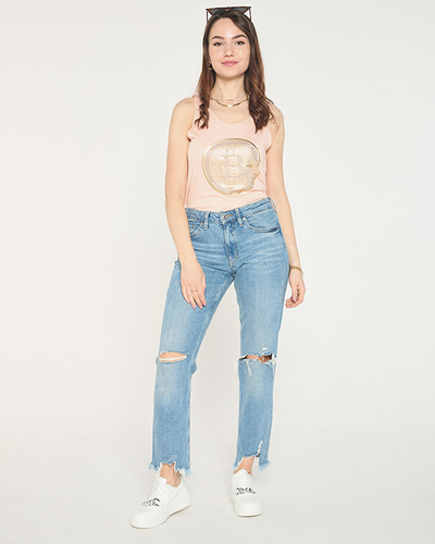 Women's top with golden print in light pink color - Clothing