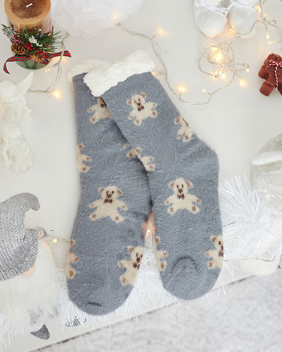 Royalfashion Warmed gray women's socks with teddy bears