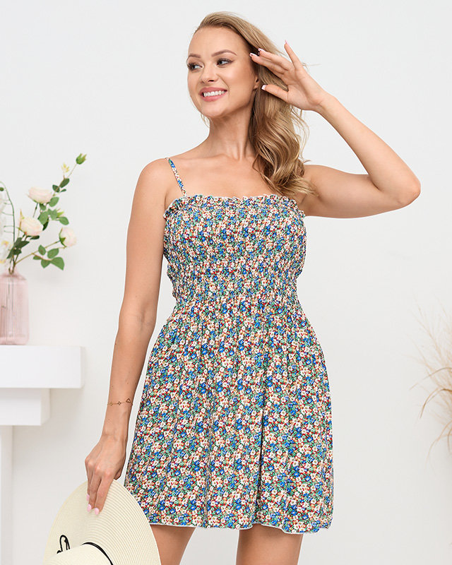 Women's blue floral mini dress with straps - Clothing