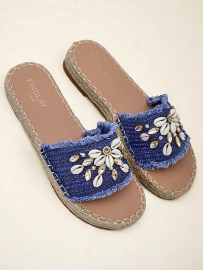 Летние шлепанцы Royalfashion Calista – светло-голубые с ракушками на плоской подошве