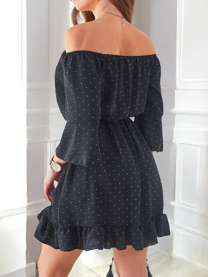 Royalfashion Sieviešu mini kleita bez pleciem ar garām piedurknēm un rhinestones