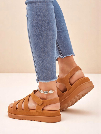 Ženski sandali Callista Camel na platformi Royalfashion ekološko usnje