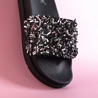 OUTLET Black women's platform slippers with Lomine cubic zirconia - Footwear