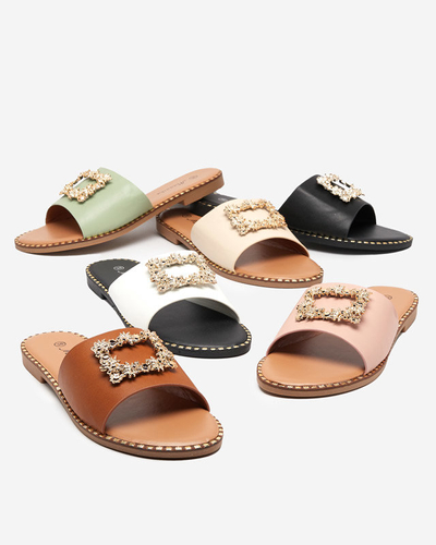 OUTLET Green elegant women's slippers with golden ornament Meriso - Footwear