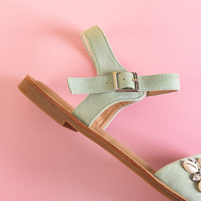 Green women's flat sandals with ornaments Lucy - Footwear