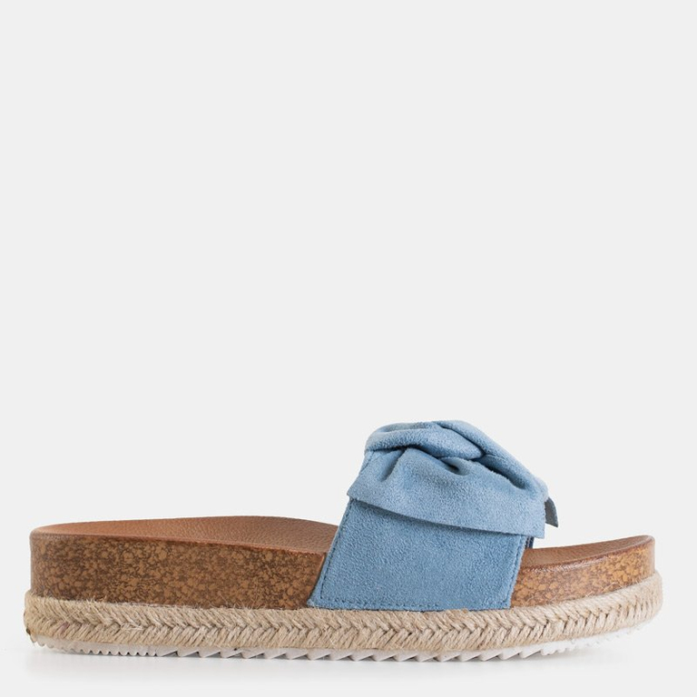 Blue women's slippers with a Jenis bow - Footwear