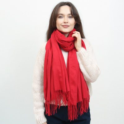 Red large warm scarf with tassels - Accessories